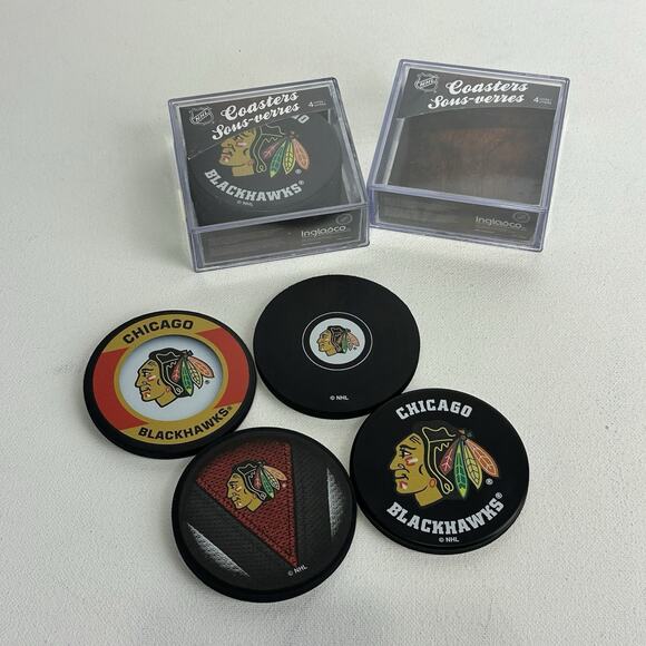 Chicago Blackhawks Logo NHL Hockey Puck Coaster Set Bachelor Pad Bar Decor - Picture 1 of 6